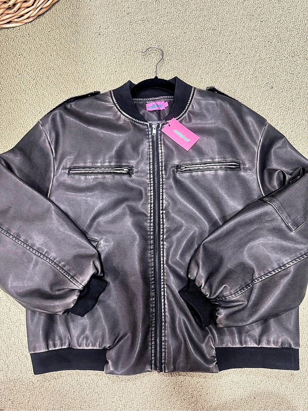 Brown Black Faux Leather Bomber Jacket NWT L
